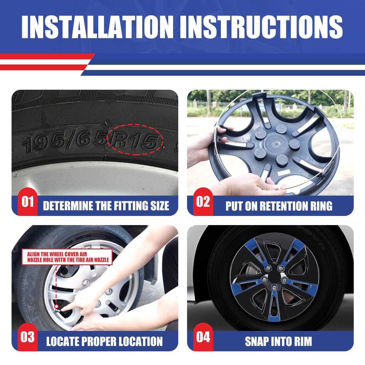 WINJET 15' Hubcaps Wheel Rims Cover for 2016-2022 TOYOTA PRIUS & 2020-2024 TOYOTA COROLLA HYBRID - Black & Blue
