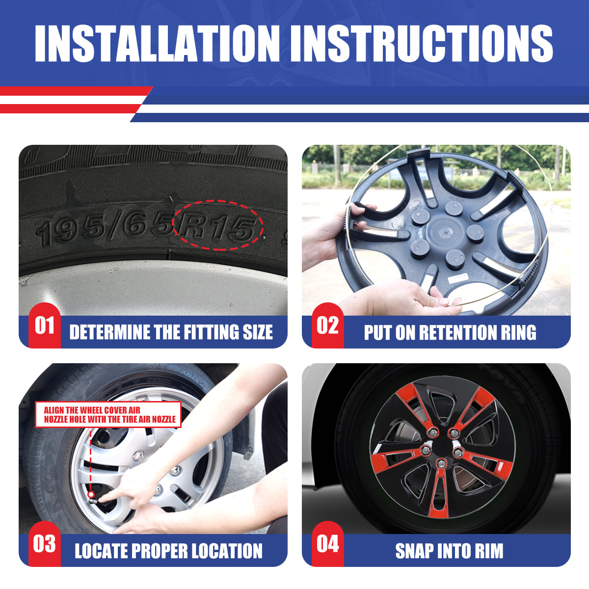 WINJET 15' Hubcaps Wheel Rims Cover for 2016-2022 TOYOTA PRIUS & 2020-2024 TOYOTA COROLLA HYBRID - Black & Red