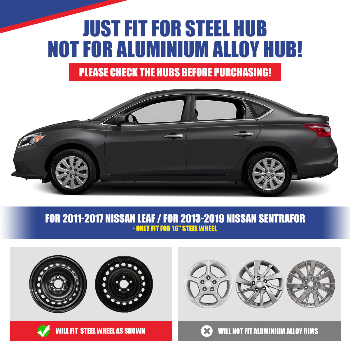 WINJET 16' Hubcaps Wheel Rims Cover for 2013-2019 NISSAN SENTRA & 2011-2017 NISSAN LEAF - Black & White Lacquer