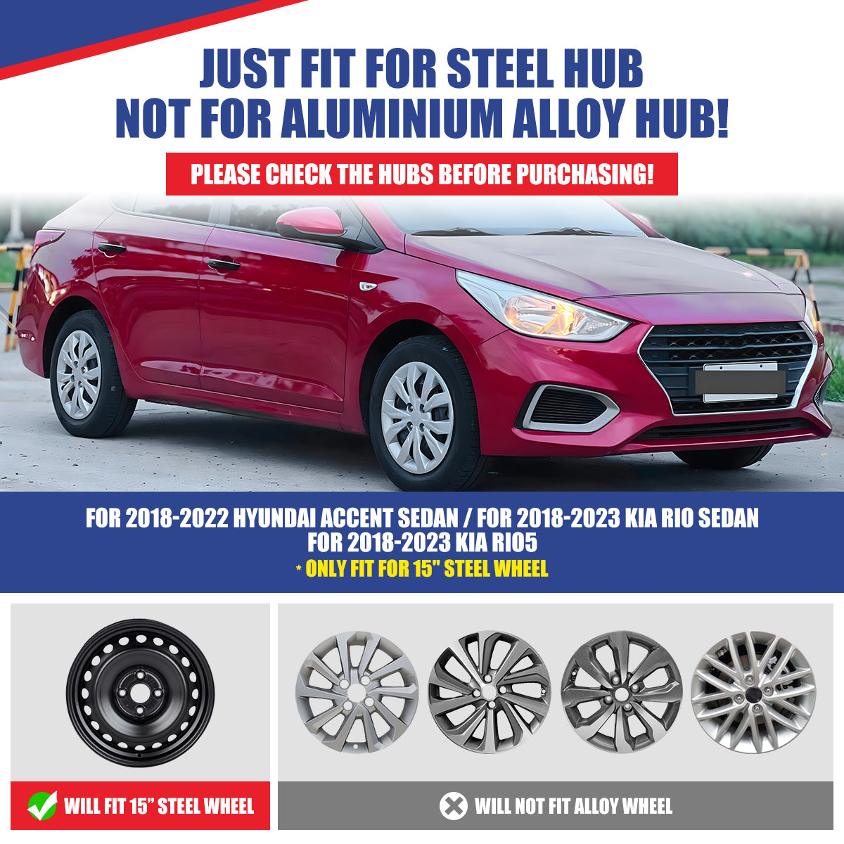 WINJET 15' Hubcaps Wheel Rims Cover for 2018-2022 HYUNDAI ACCENT SEDAN/ 2018-2023 KIA RIO SEDAN - Black Lacquer