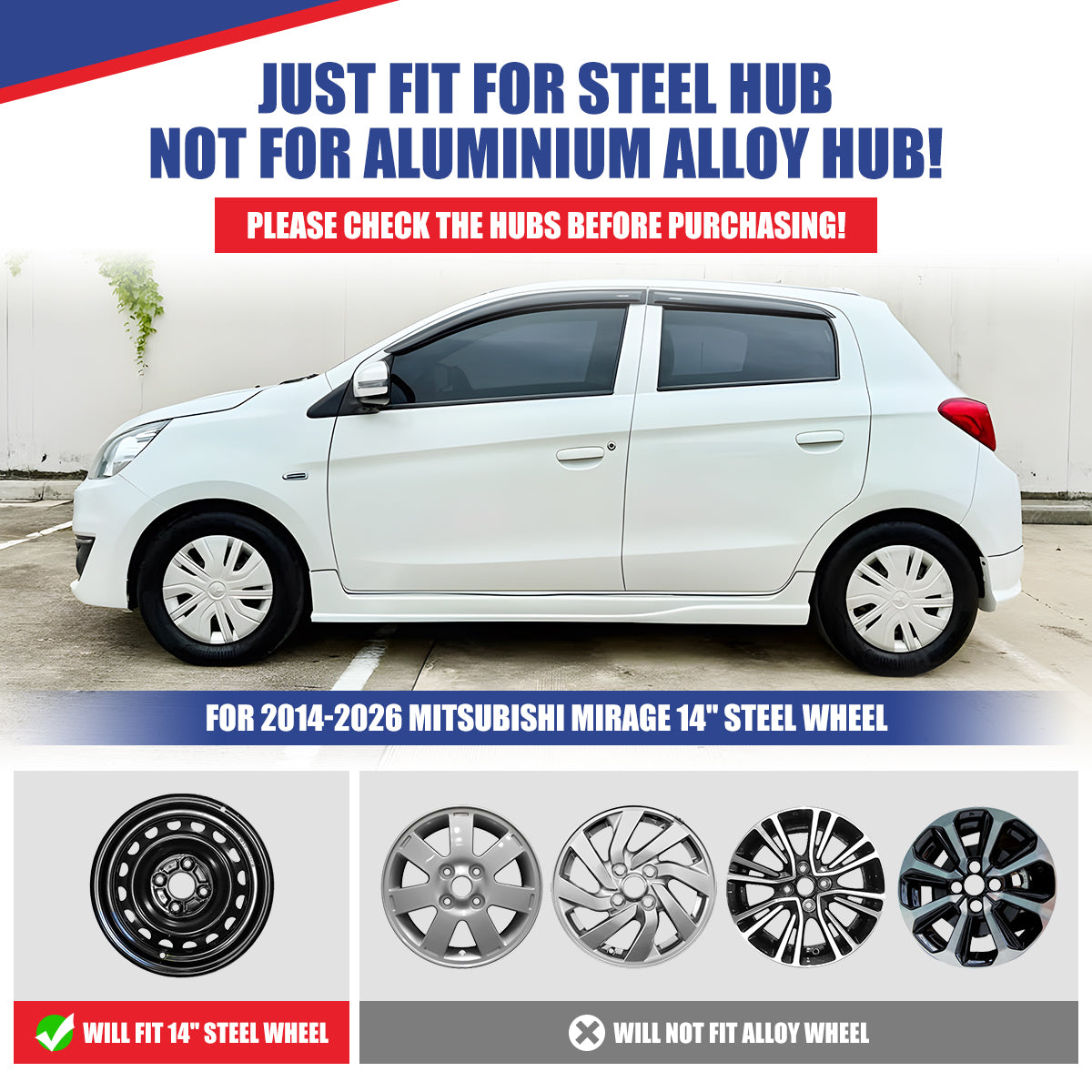 WINJET 14' Hubcaps Wheel Rims Cover for 2014-2025 Mitsubishi Mirage - Lacquer