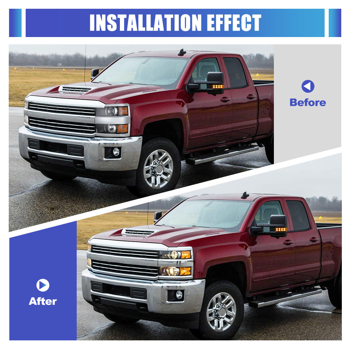 Phares avant pour Chevy Silverado 2015-2019 2500 HD/3500 HD côtés droits 1 pièce boîtier noir brillant chromé/transparent