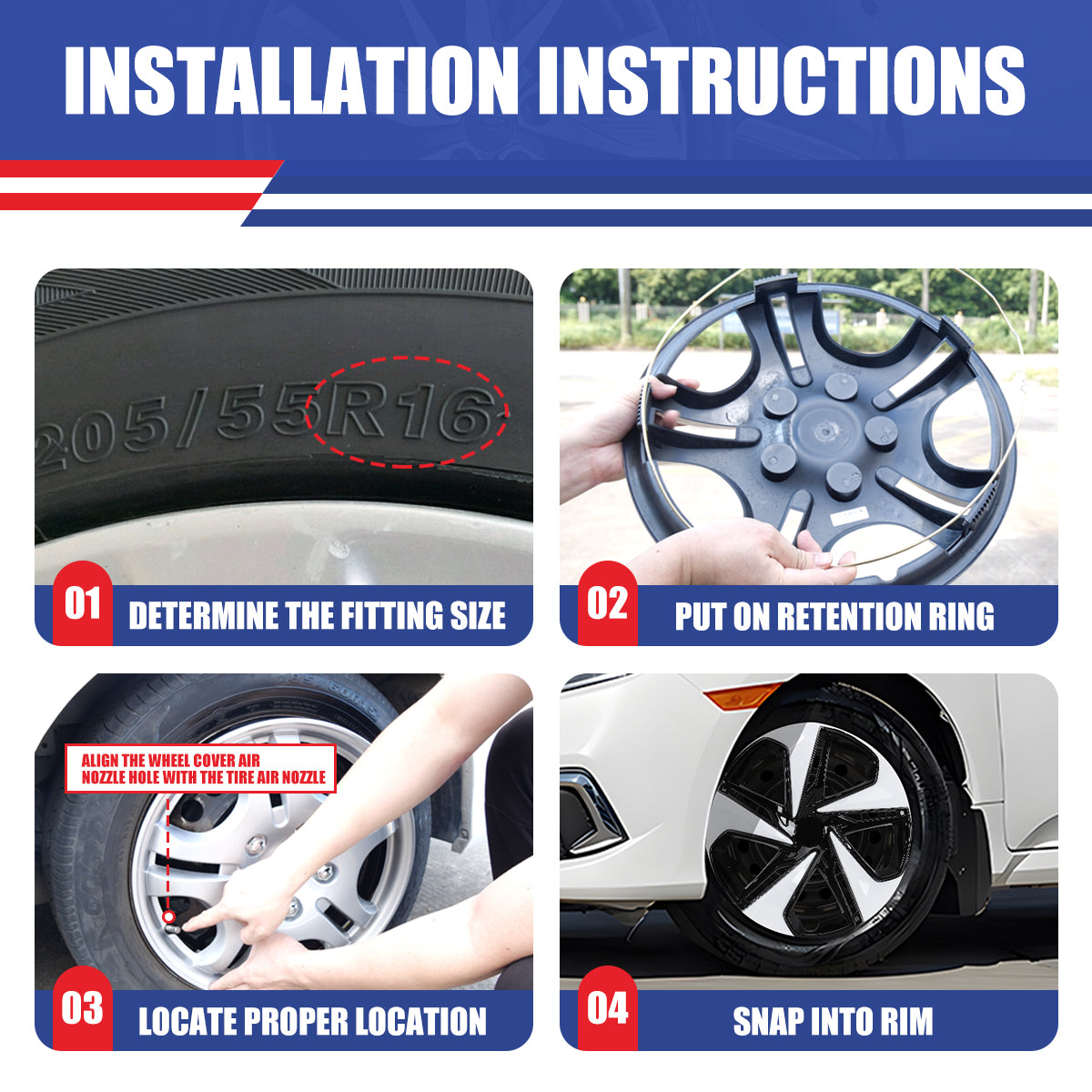 WINJET 16' Hubcaps Wheel Rims Cover for 2016-2026 Honda Civic SEDAN - White Lacquer & Black Lacquer