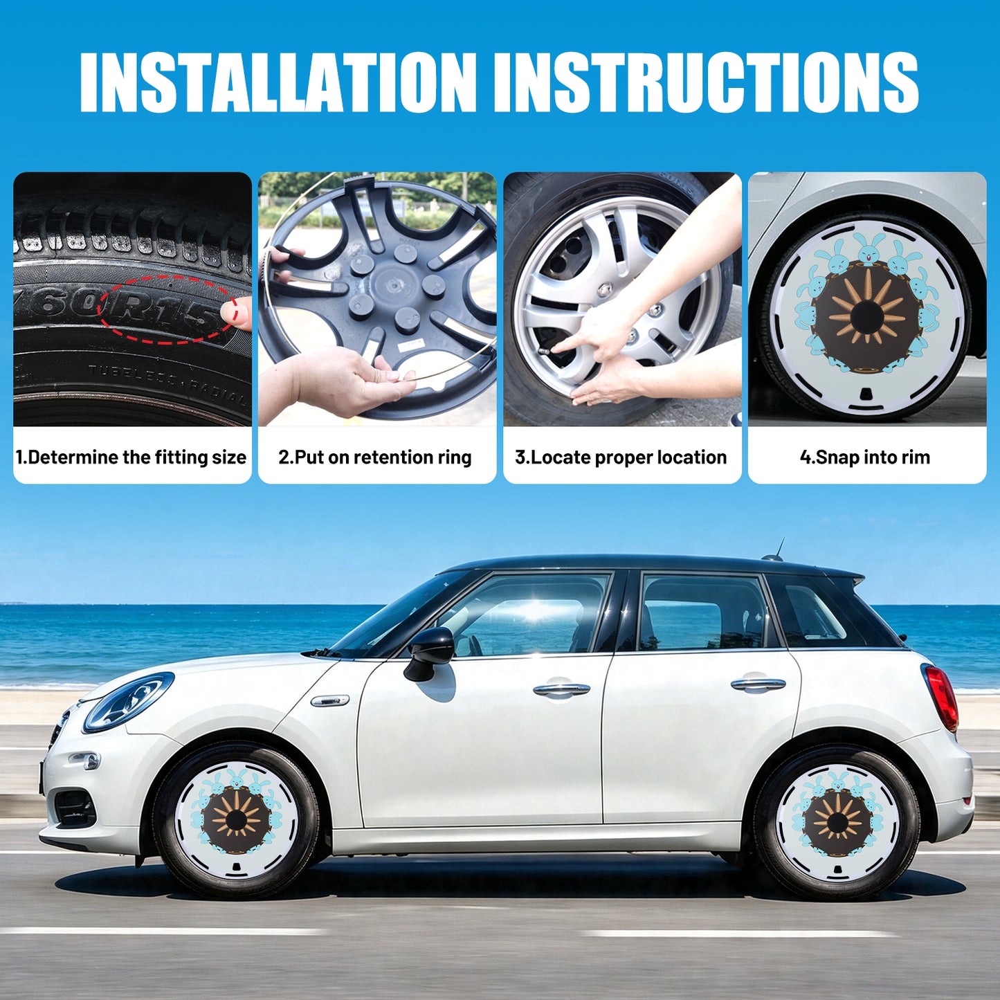 WINJET 17" Universal Wheel Covers Hubcaps - White Rabbit
