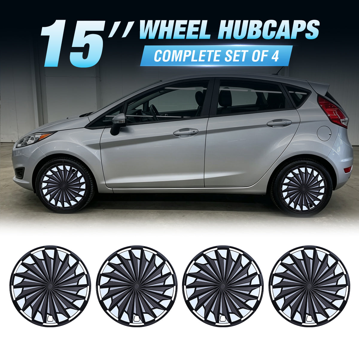 WINJET 15" Universal Wheel Covers Hubcaps - Black-Turbo Spoke