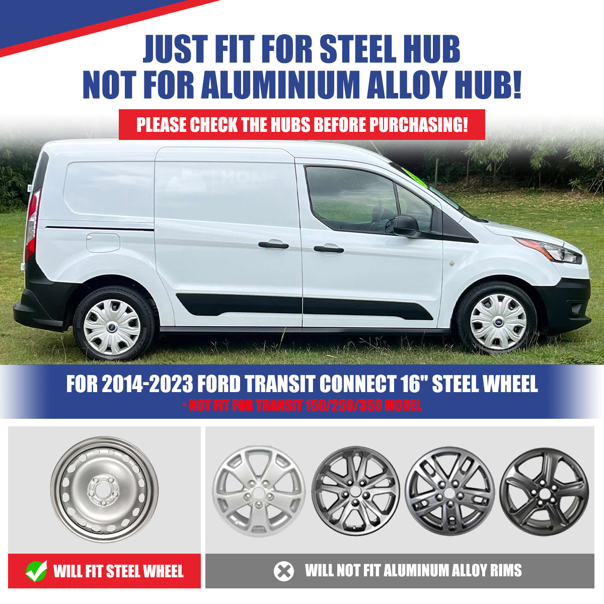 WINJET 16' Hubcaps Wheel Rims Cover for 2014-2023 Ford Transit Connect  - Matte Black