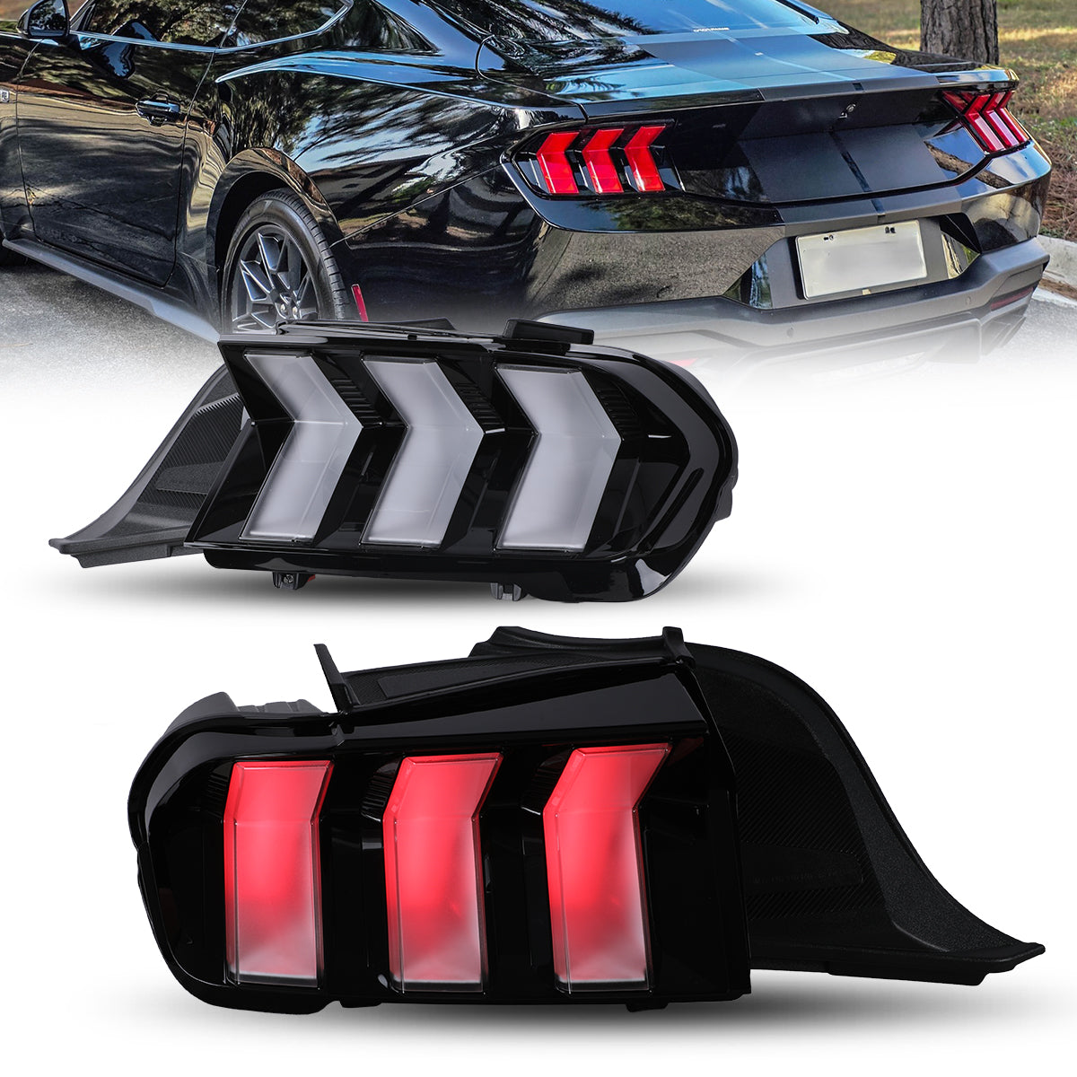 For 2024-2026 Ford Mustang Coupe & Convertible Red LED Sequential Taillight - Glossy Black / Clear