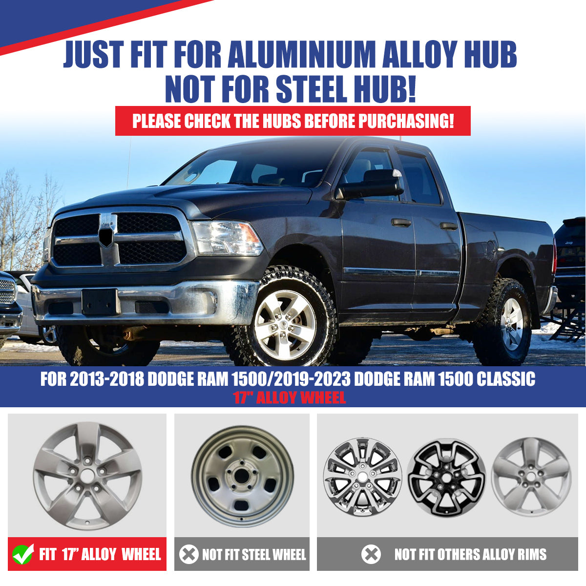 WINJET 17' Hubcaps Wheel Rims Cover for 2013-2018 DODGE RAM 1500/ 2019-2023 DODGE RAM 1500 CLASSIC  - Matte Black