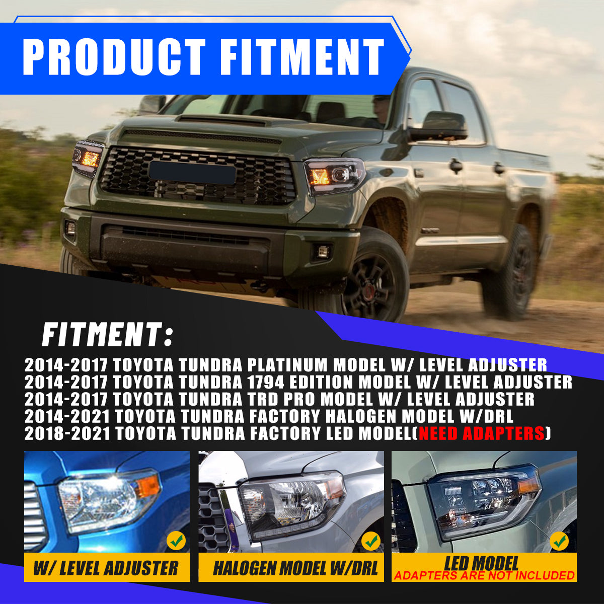 For 2014-2021 Toyota Tundra Full LED Projector Headlights - Matte Black / Clear