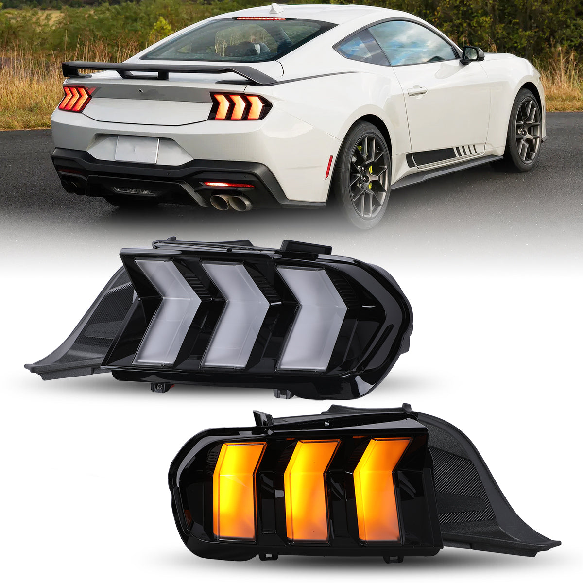 For 2024-2026 Ford Mustang Coupe & Convertible Yellow LED Sequential Taillight - Glossy Black / Clear