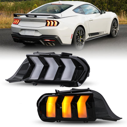 For 2024-2026 Ford Mustang Coupe & Convertible Yellow LED Sequential Taillight - Glossy Black / Clear