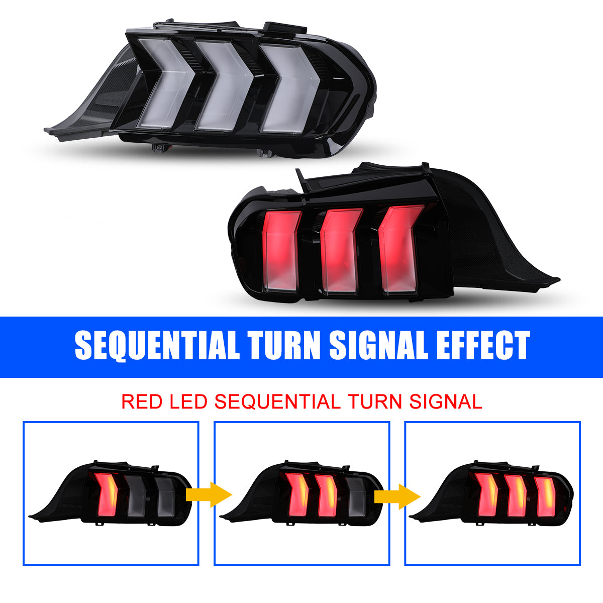 For 2024-2026 Ford Mustang Coupe & Convertible Red LED Sequential Taillight - Glossy Black / Clear