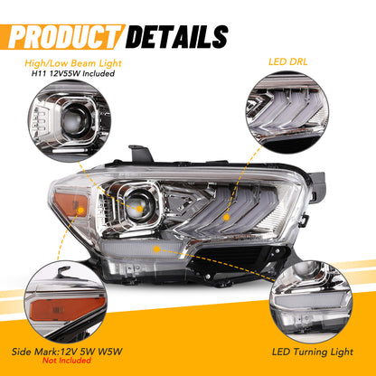 For 2016-2019 Toyota Tacoma/2020-2023 Tacoma SR SR5 TRD Sport DRL Head Lights - Chrome/ Clear