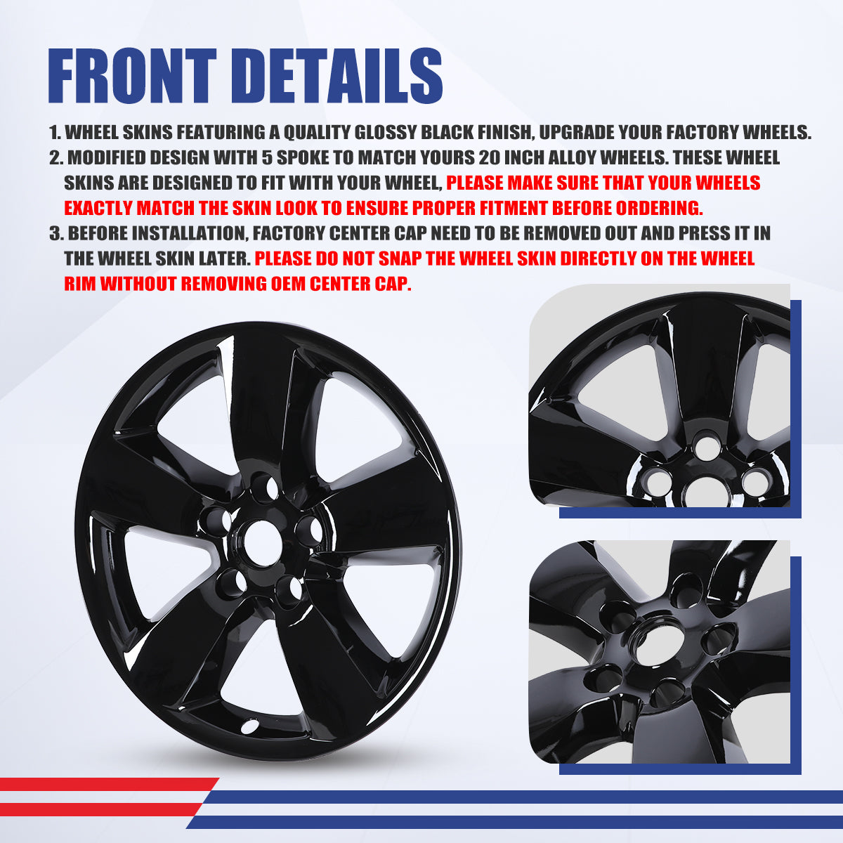 WINJET 20' Hubcaps Wheel Rims Cover for 2013-2018 DODGE RAM 1500/ 2019-2023 DODGE RAM 1500 CLASSIC  - Black Lacquer