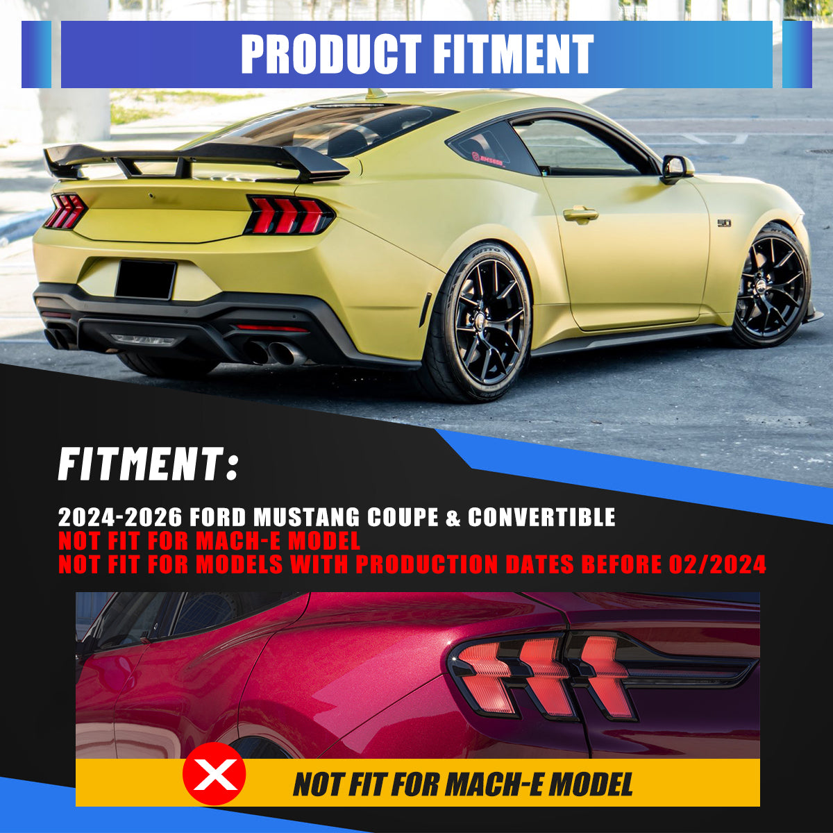 For 2024-2026 Ford Mustang Coupe & Convertible Red LED Sequential Taillight - Glossy Black / Clear