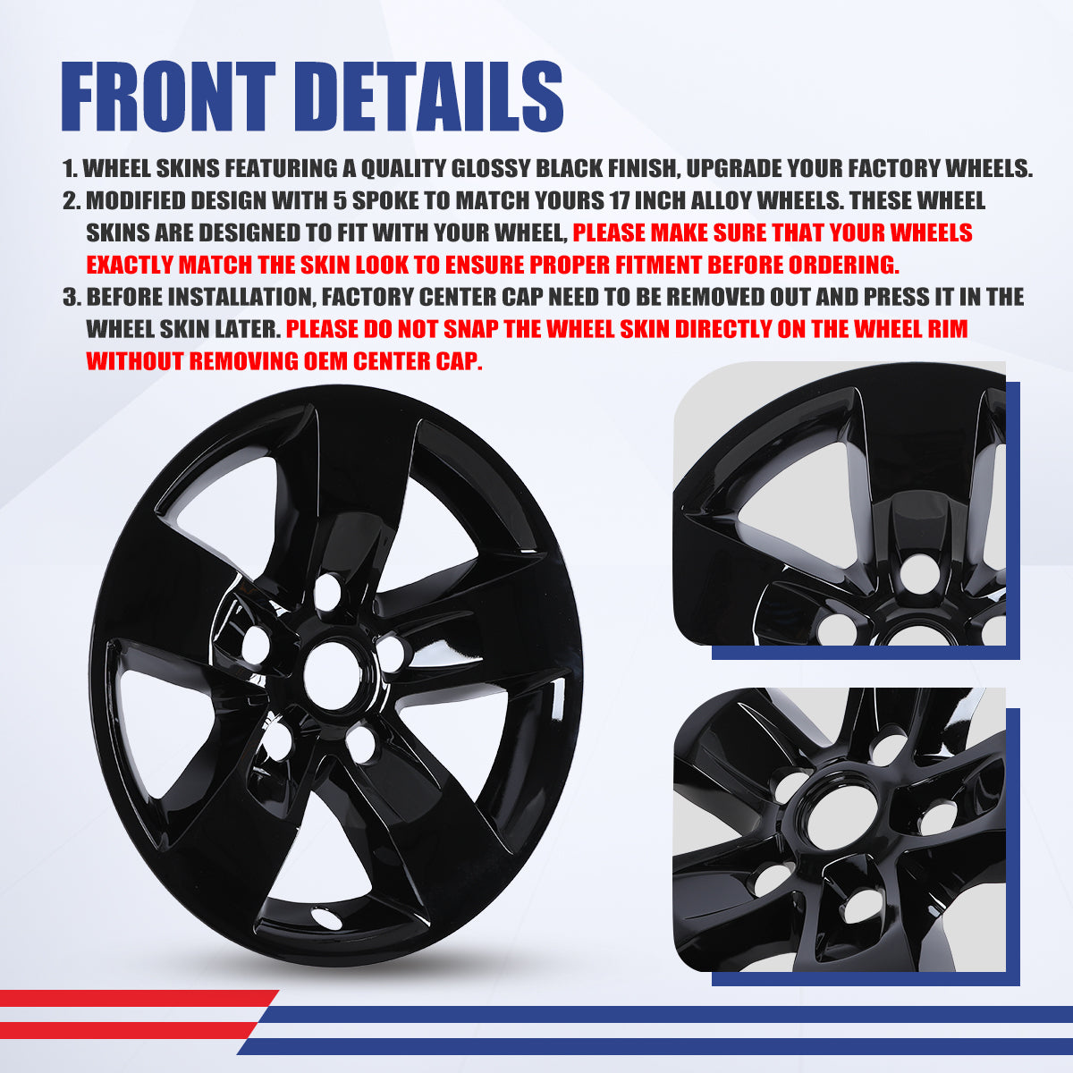 WINJET 17' Hubcaps Wheel Rims Cover for 2013-2018 DODGE RAM 1500/ 2019-2023 DODGE RAM 1500 CLASSIC - Black Lacquer