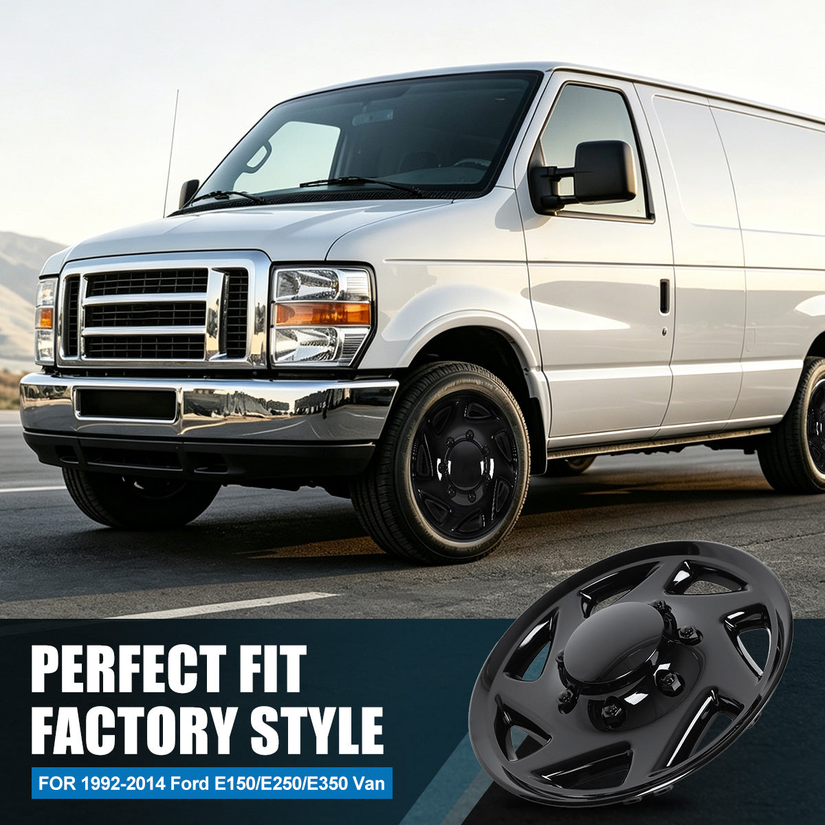 WINJET 16' Hubcaps Wheel Rims Cover for 1992-2014 Ford E150/E250/E350 Van with 8 lug 16" steel wheel  - Black Lacquer