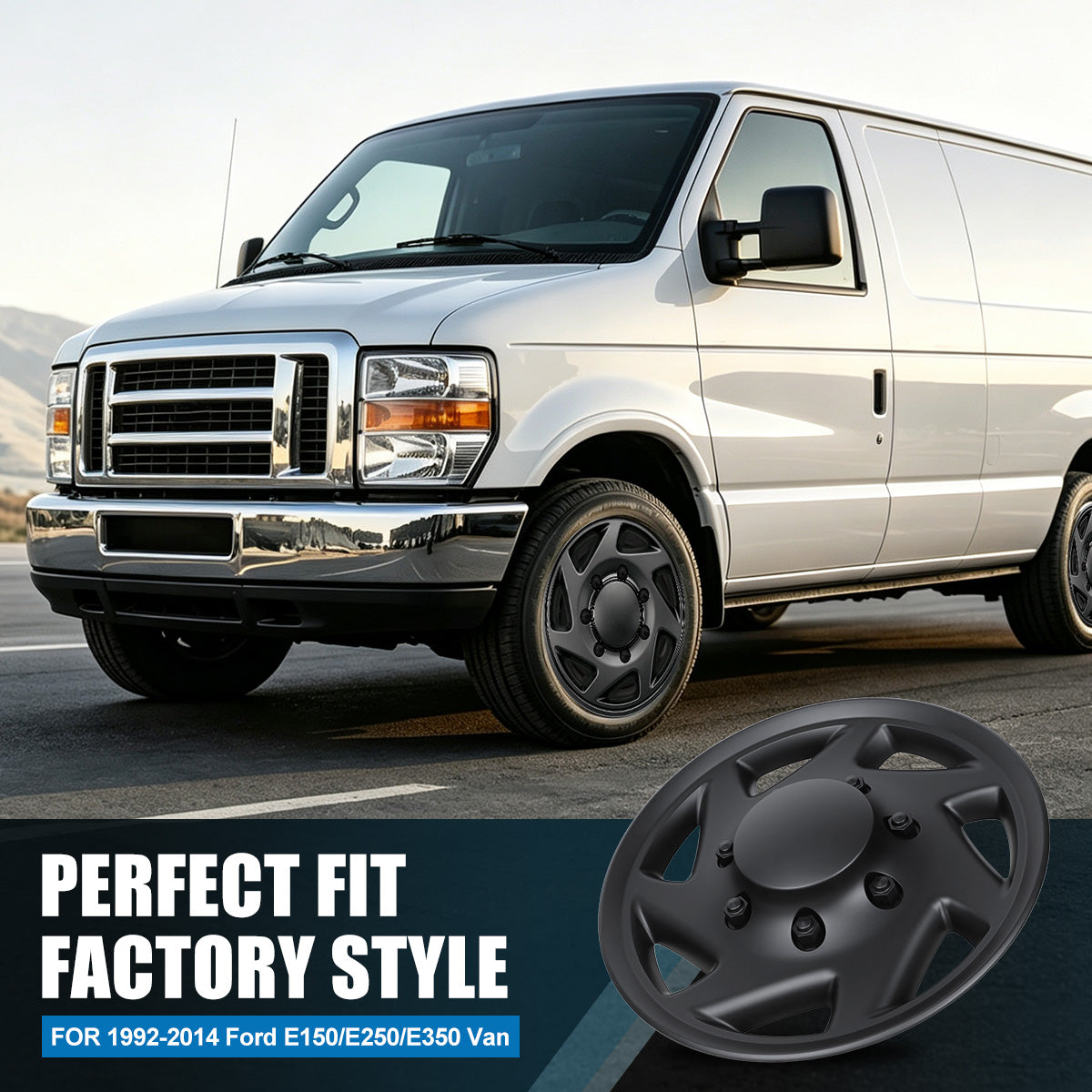 WINJET 16' Hubcaps Wheel Rims Cover for 1992-2014 Ford E150/E250/E350 Van with 8 lug 16" steel wheel  - Matte Black