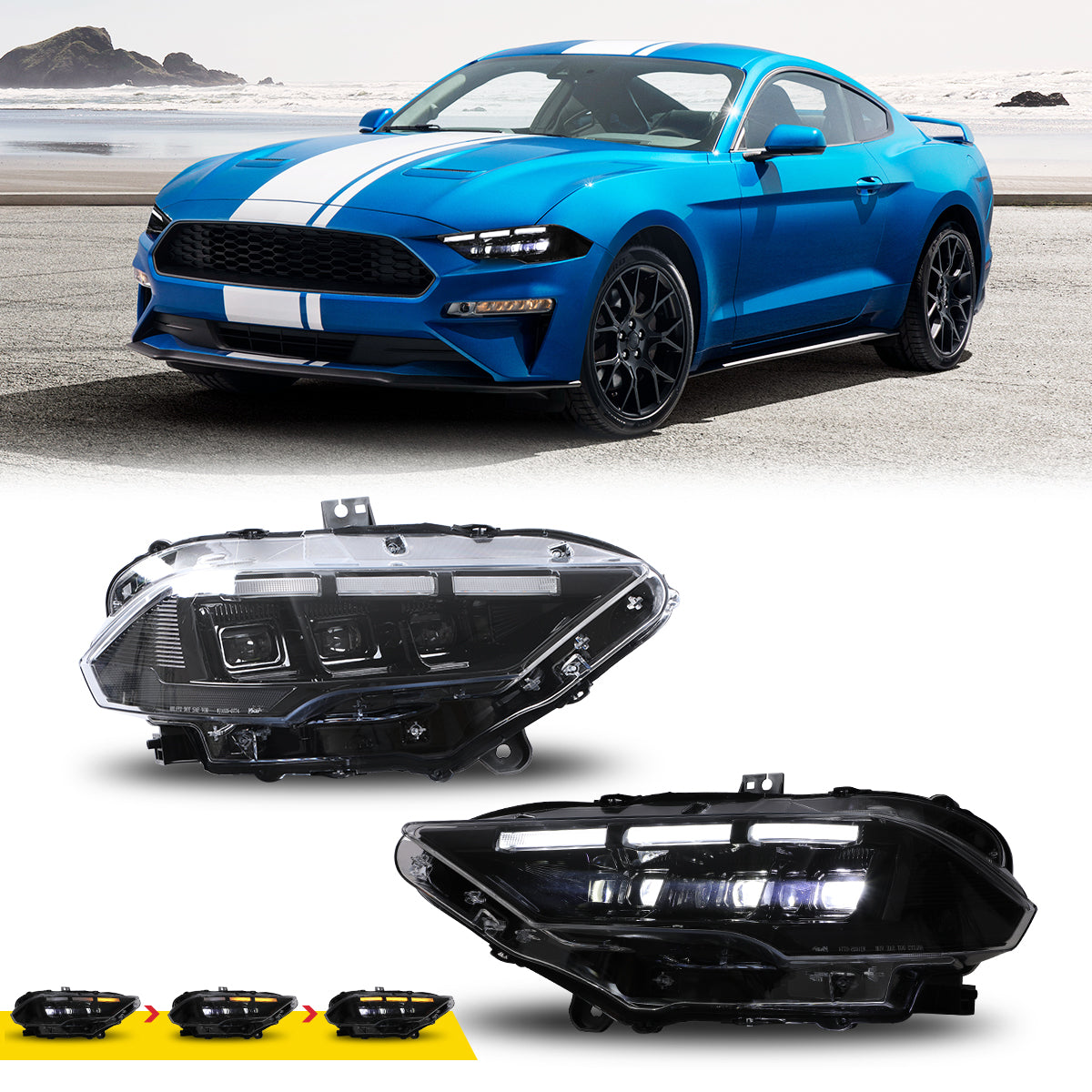 For 2018-2023 Ford Mustang Coupe & Convertible LED Sequential Headlights -Glossy Black / Clear