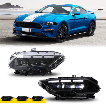 For 2018-2023 Ford Mustang Coupe & Convertible LED Sequential Headlights -Glossy Black / Clear