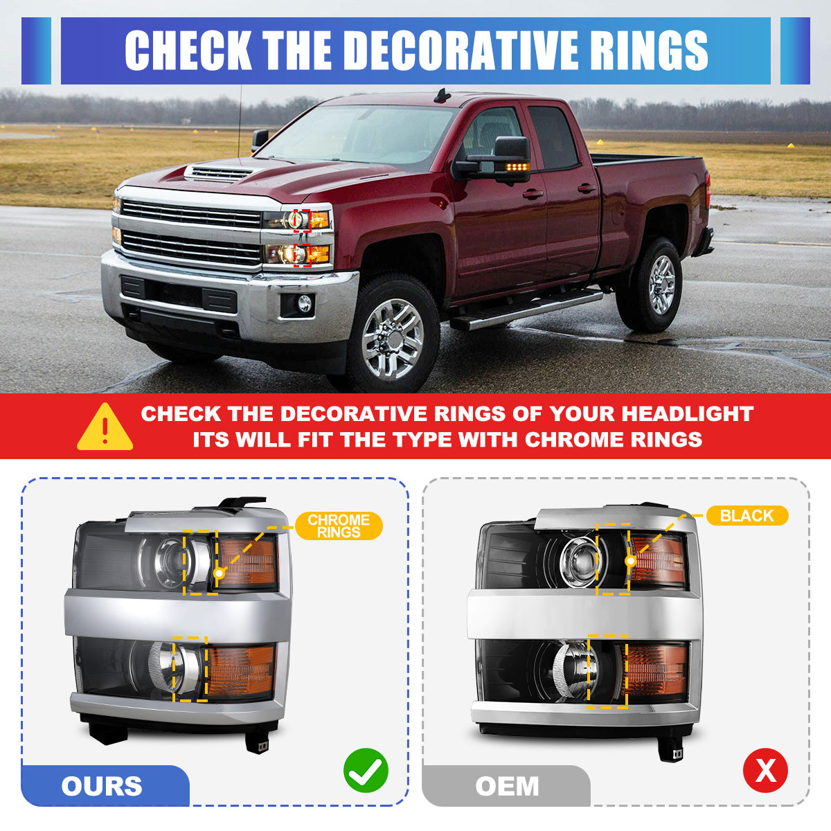Phares avant pour Chevy Silverado 2015-2019 2500 HD/3500 HD côtés droits 1 pièce boîtier noir brillant chromé/transparent