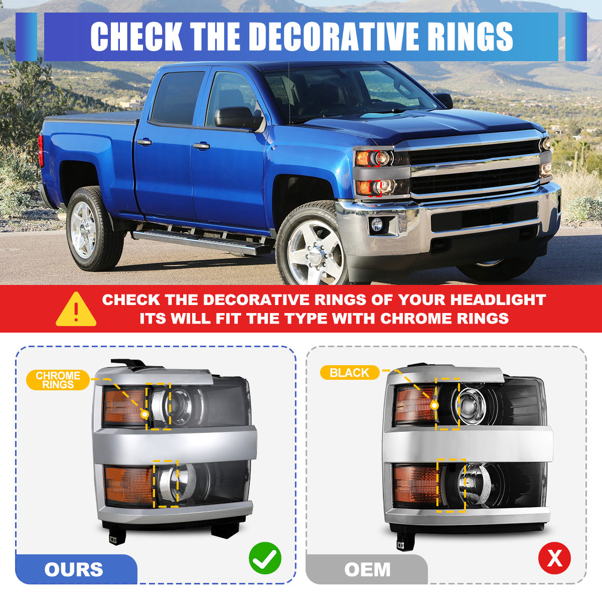 Phares avant pour Chevy Silverado 2015-2019 2500 HD/3500 HD côtés droits 1 pièce boîtier noir brillant chromé/transparent