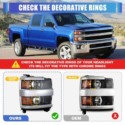 Phares avant pour Chevy Silverado 2015-2019 2500 HD/3500 HD côtés droits 1 pièce boîtier noir brillant chromé/transparent