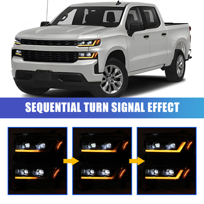 For 2019-2021 Chevy Silverado 1500/2022 Chevy Silverado 1500 LTD with Factory Halogen  LED Sequential Headlights - Glossy Black / Clear Lens