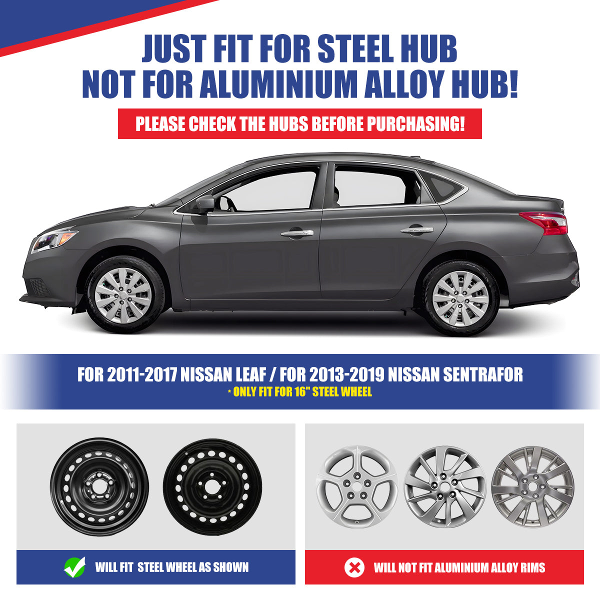 WINJET 16' Hubcaps Wheel Rims Cover for 2013-2019 NISSAN SENTRA & 2011-2017 NISSAN LEAF  - White