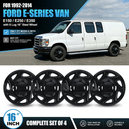 WINJET 16' Hubcaps Wheel Rims Cover for 1992-2014 Ford E150/E250/E350 Van with 8 lug 16" steel wheel  - Black Lacquer