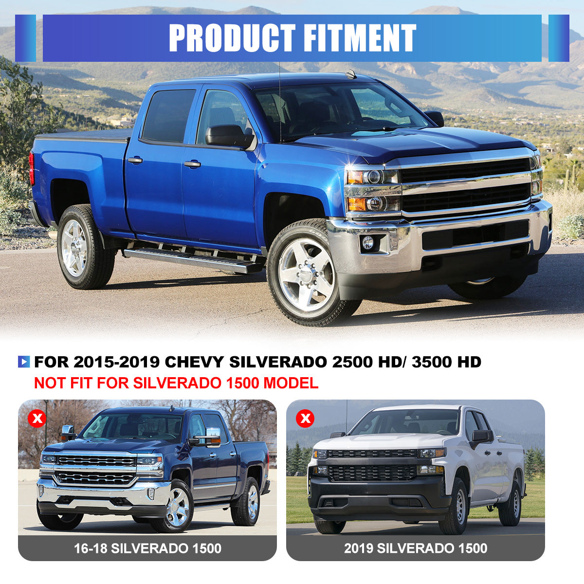 Phares avant pour Chevy Silverado 2015-2019 2500 HD/3500 HD côtés droits 1 pièce boîtier noir brillant chromé/transparent