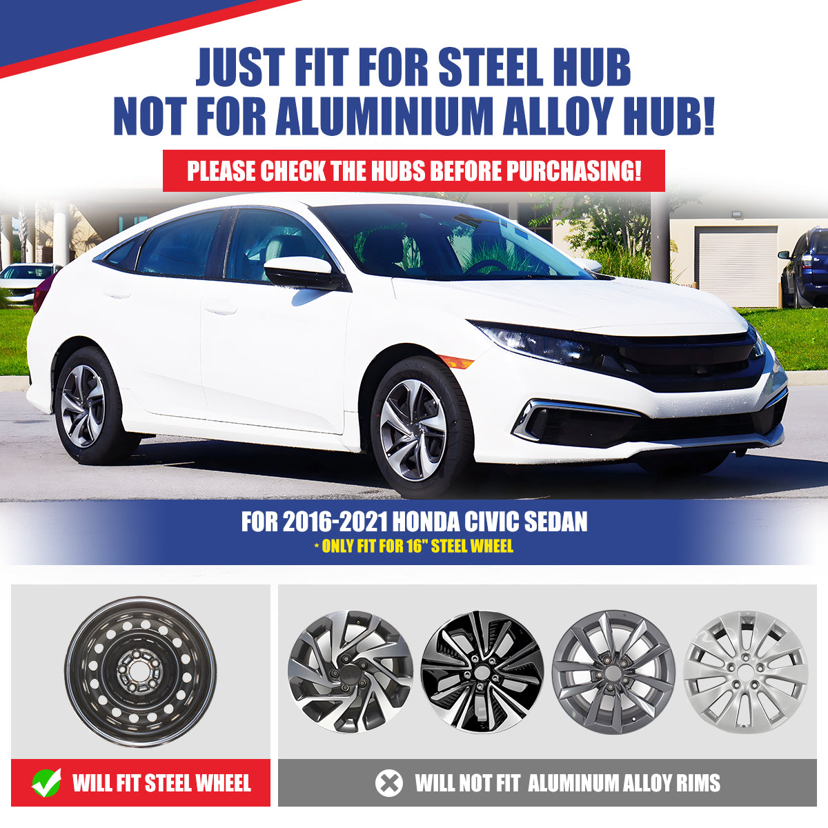 WINJET 16' Hubcaps Wheel Rims Cover for 2016-2026 Honda Civic SEDAN - Black Lacquer & Blue Lacquer