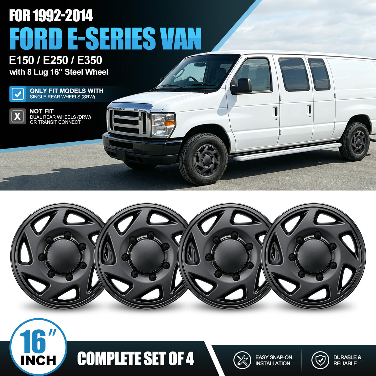 WINJET 16' Hubcaps Wheel Rims Cover for 1992-2014 Ford E150/E250/E350 Van with 8 lug 16" steel wheel  - Matte Black