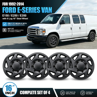 WINJET 16' Hubcaps Wheel Rims Cover for 1992-2014 Ford E150/E250/E350 Van with 8 lug 16" steel wheel  - Matte Black