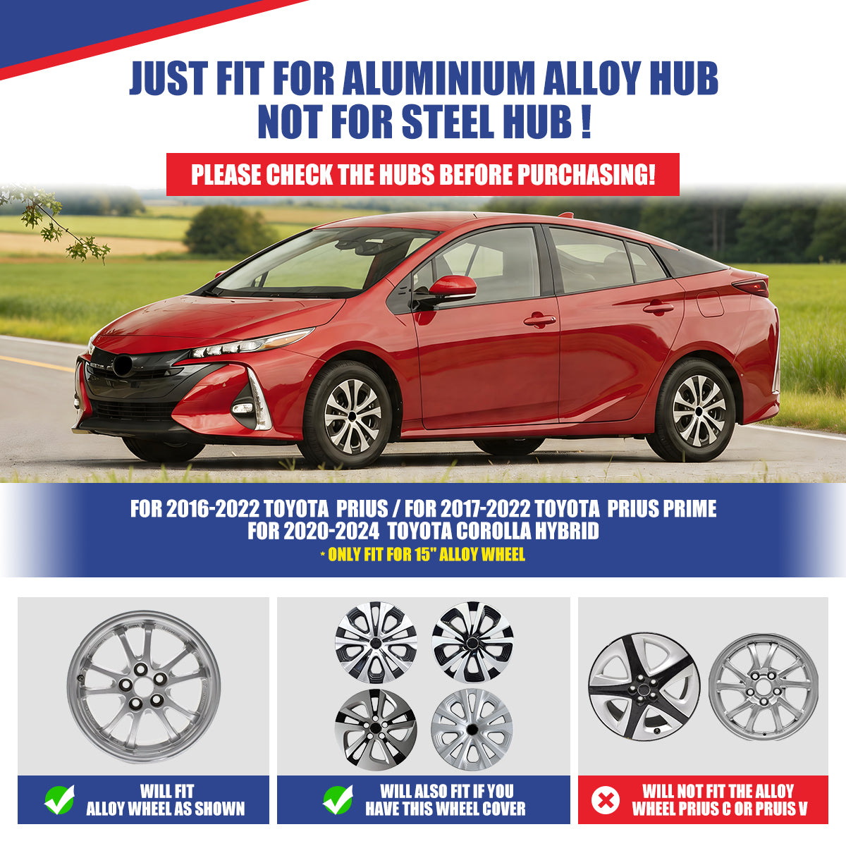 WINJET 15' Hubcaps Wheel Rims Cover for 2016-2022 TOYOTA PRIUS & 2020-2024 TOYOTA COROLLA HYBRID  - Chrom