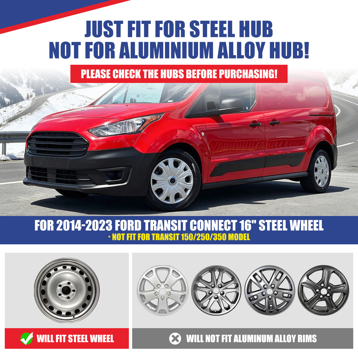 WINJET 16' Hubcaps Wheel Rims Cover for 2014-2023 Ford Transit Connect  - Black Lacquer