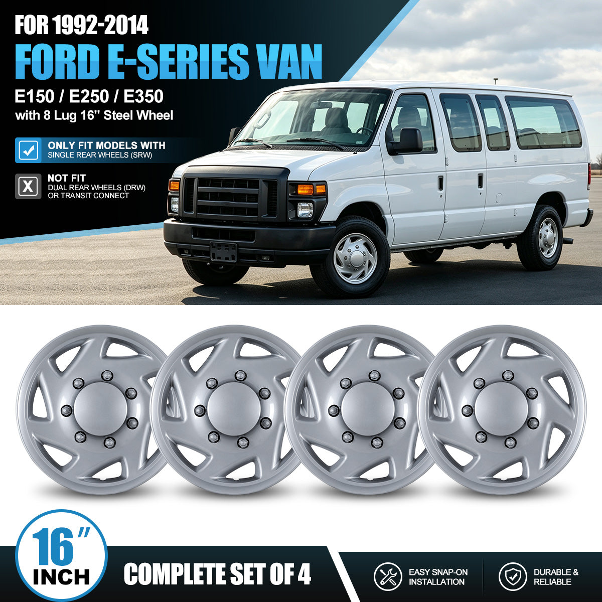 WINJET 16' Hubcaps Wheel Rims Cover for 1992-2014 Ford E150/E250/E350 Van with 8 lug 16" steel wheel  - Lacquer