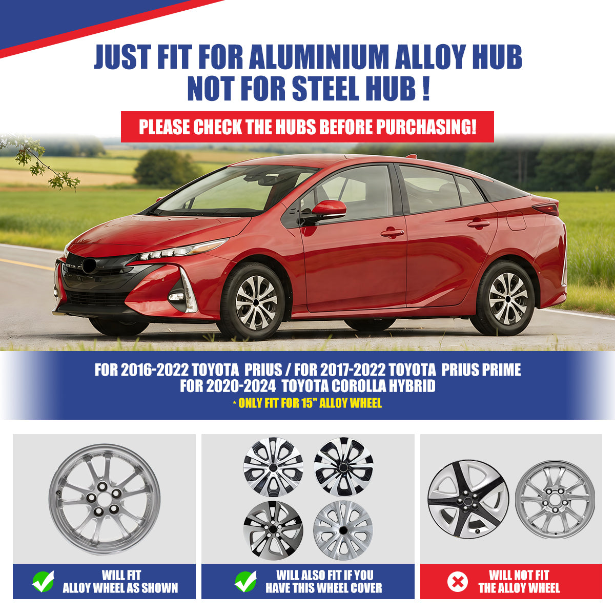 WINJET 15' Hubcaps Wheel Rims Cover for 2016-2022 TOYOTA PRIUS & 2020-2024 TOYOTA COROLLA HYBRID  - White