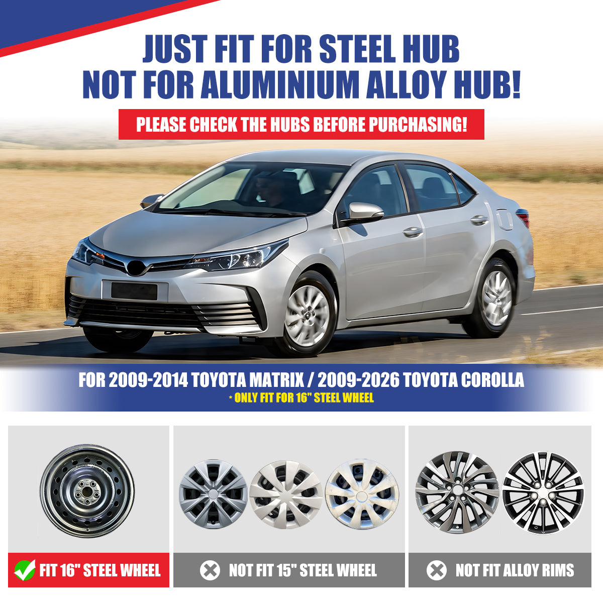 WINJET 16' Hubcaps Wheel Rims Cover for 2009-2026 TOYOTA COROLLA/2009-2014 TOYOTA MATRIX - Black Lacquer