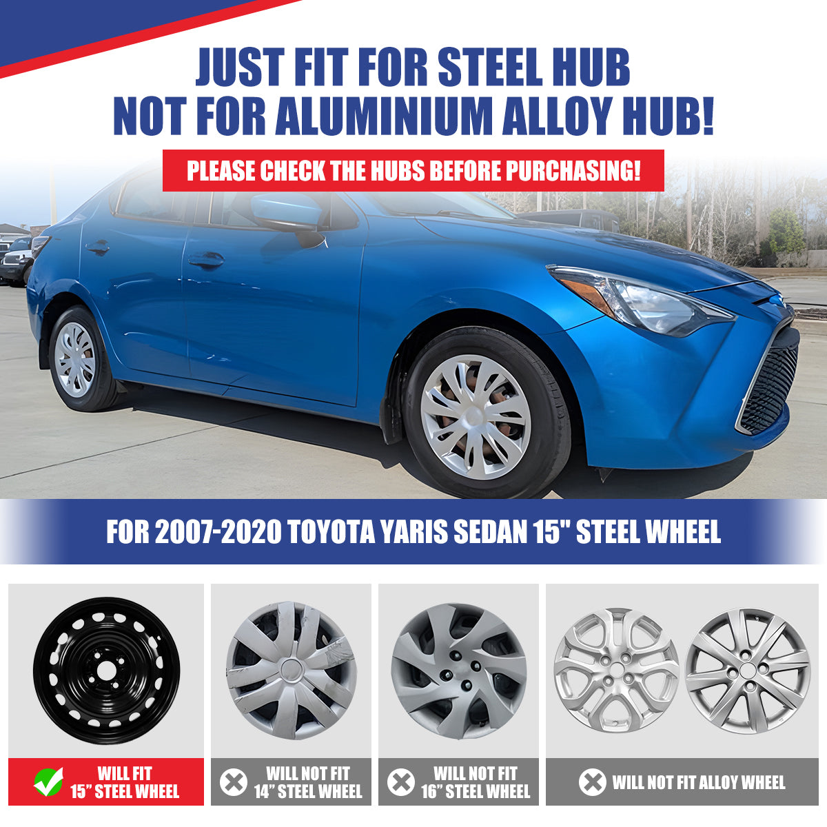 WINJET 15' Hubcaps Wheel Rims Cover for 2019-2020 Toyota Yaris Sedan/iA Sedan - Chrome