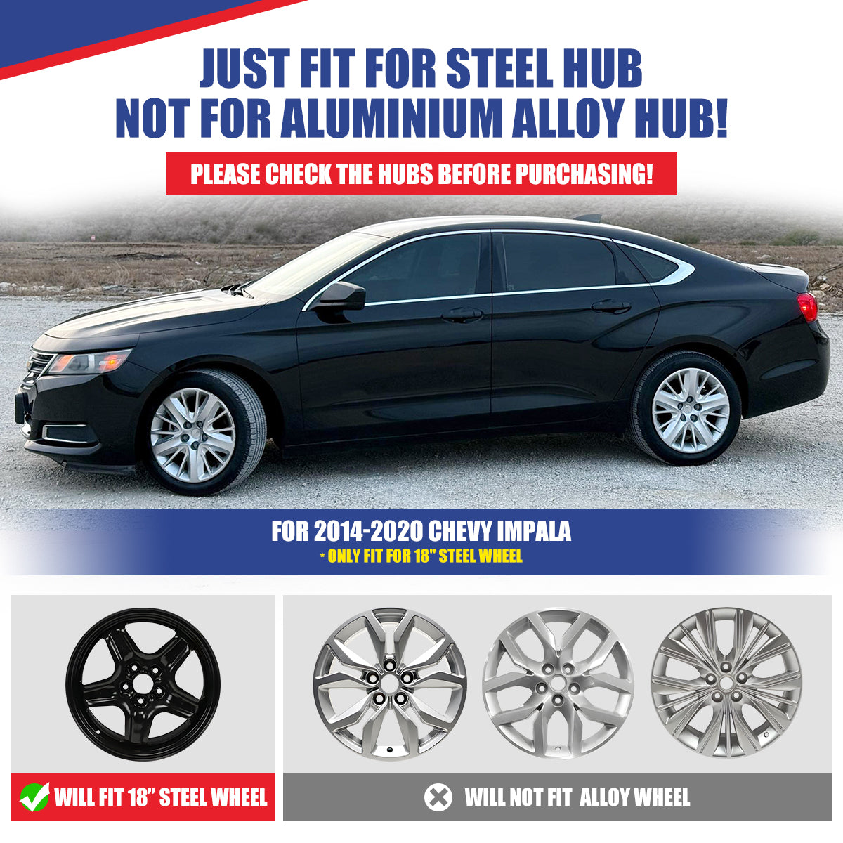 WINJET 18' Hubcaps Wheel Rims Cover for 2014-2020 CHEVY IMPALA - Black Lacquer