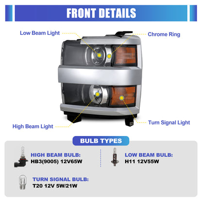 Phares avant pour Chevy Silverado 2015-2019 2500 HD/3500 HD côtés droits 1 pièce boîtier noir brillant chromé/transparent