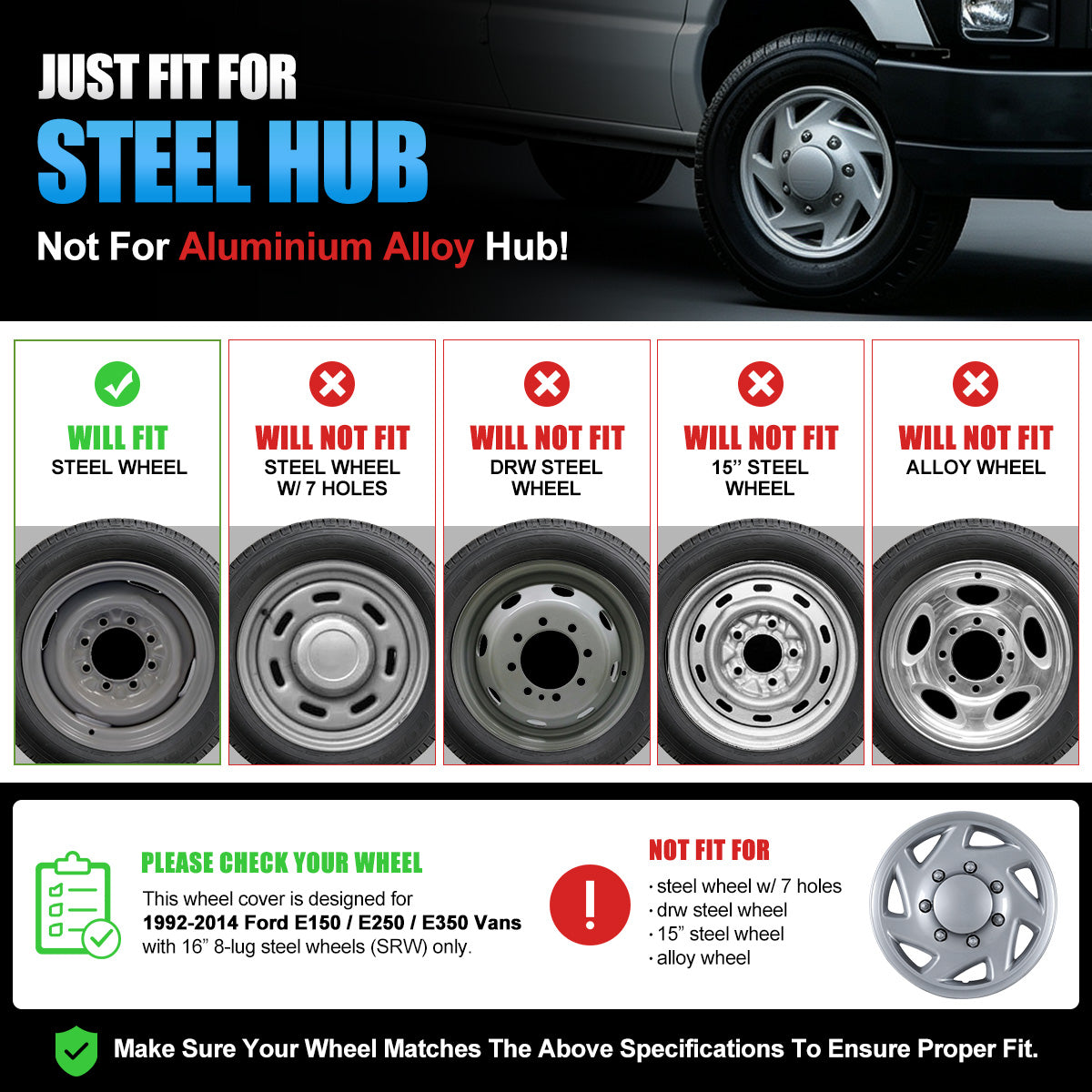 WINJET 16' Hubcaps Wheel Rims Cover for 1992-2014 Ford E150/E250/E350 Van with 8 lug 16" steel wheel  - Lacquer