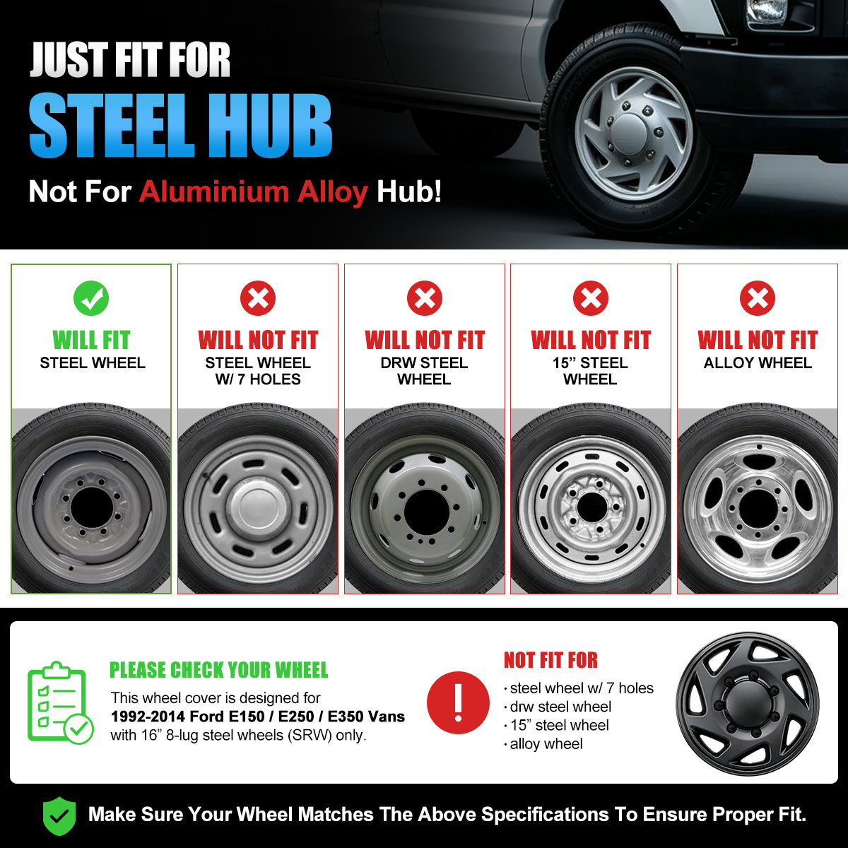 WINJET 16' Hubcaps Wheel Rims Cover for 1992-2014 Ford E150/E250/E350 Van with 8 lug 16" steel wheel  - Matte Black