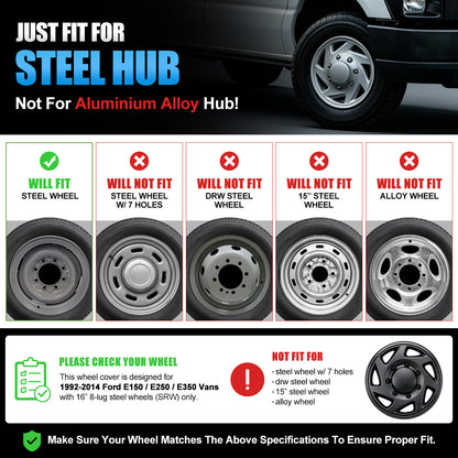WINJET 16' Hubcaps Wheel Rims Cover for 1992-2014 Ford E150/E250/E350 Van with 8 lug 16" steel wheel  - Matte Black
