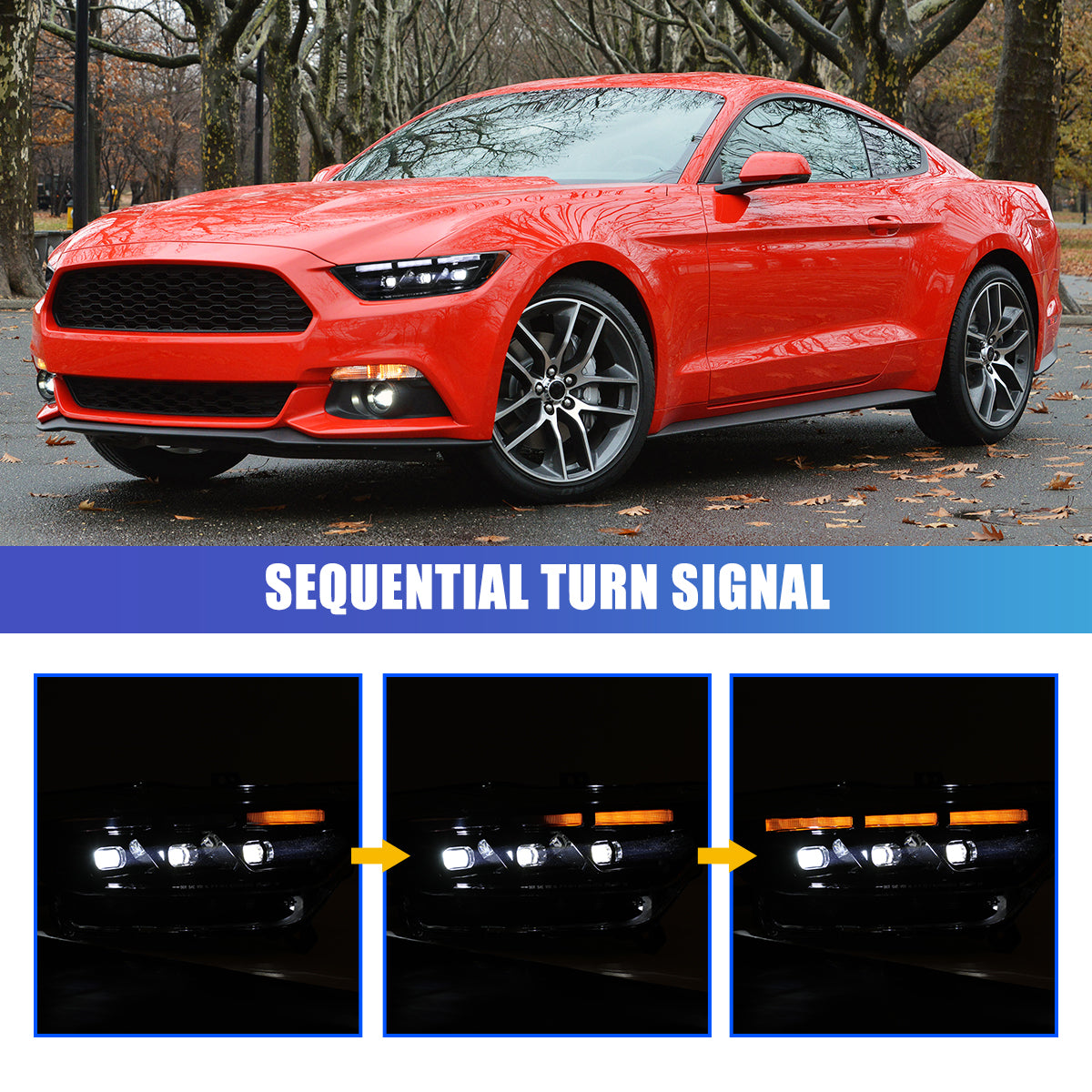 For 2015-2017 Ford Mustang Coupe & Convertible/2016-2020 Ford Mustang Shelby GT350 / 2020-2022 Ford Mustang Shelby GT500 LED Sequential Headlights -Glossy Black / Clear