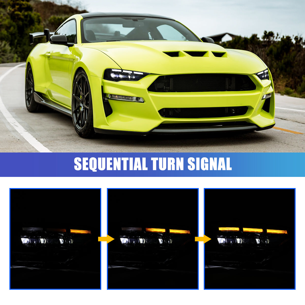 For 2018-2023 Ford Mustang Coupe & Convertible LED Sequential Headlights -Glossy Black / Clear