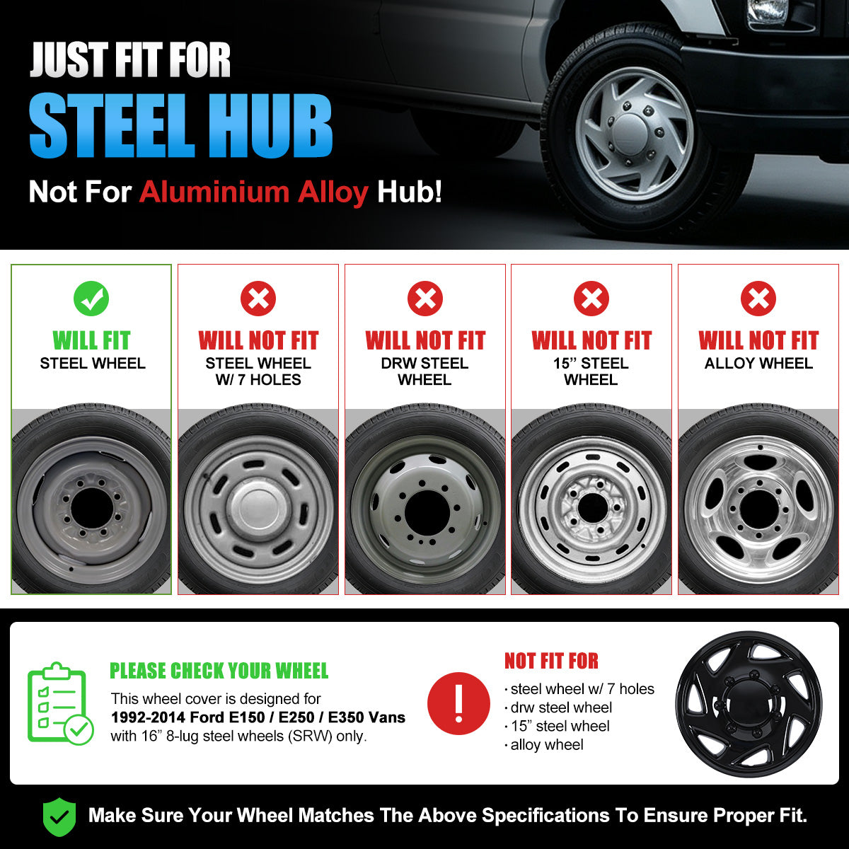 WINJET 16' Hubcaps Wheel Rims Cover for 1992-2014 Ford E150/E250/E350 Van with 8 lug 16" steel wheel  - Black Lacquer