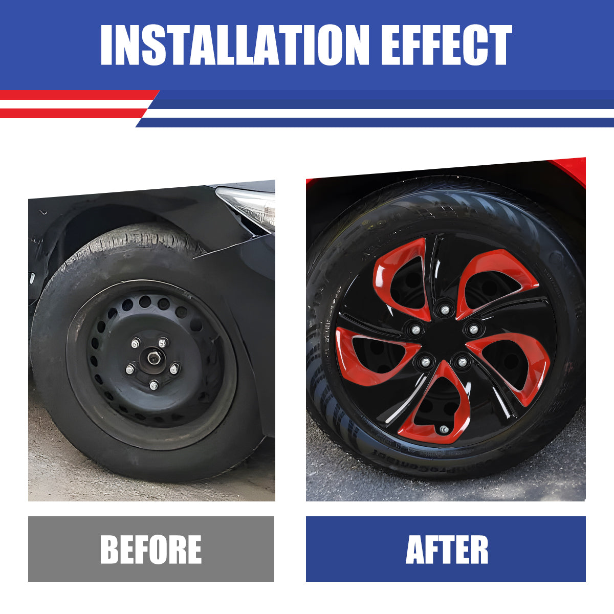 WINJET 15' Hubcaps Wheel Rims Cover for 2013-2015 Honda Civic - Black & Red Lacquer