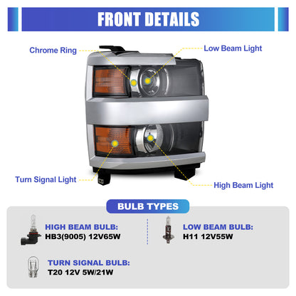 Phares avant pour Chevy Silverado 2015-2019 2500 HD/3500 HD côtés droits 1 pièce boîtier noir brillant chromé/transparent